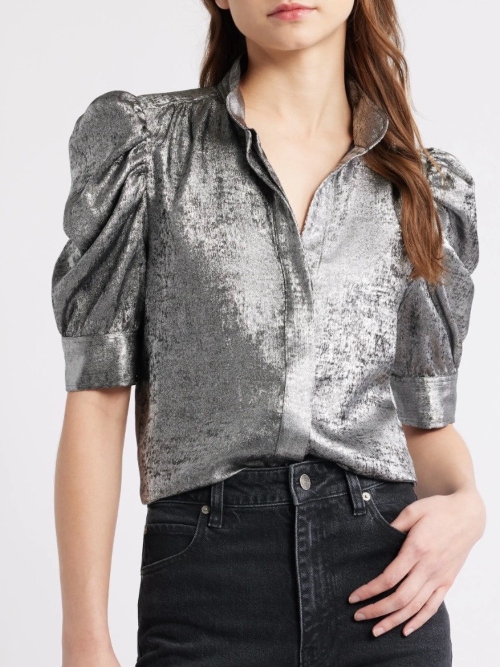 Frame Gillian Metallic Silver Puff-Sleeve Blouse S